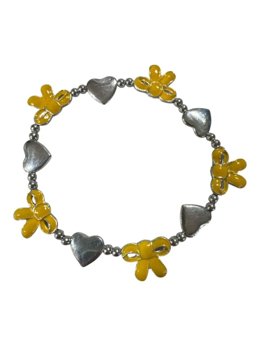 Yellow Enamel Bow & Silver Heart Charm Stretch Bracelet 6-Inch Fit Lightweight J